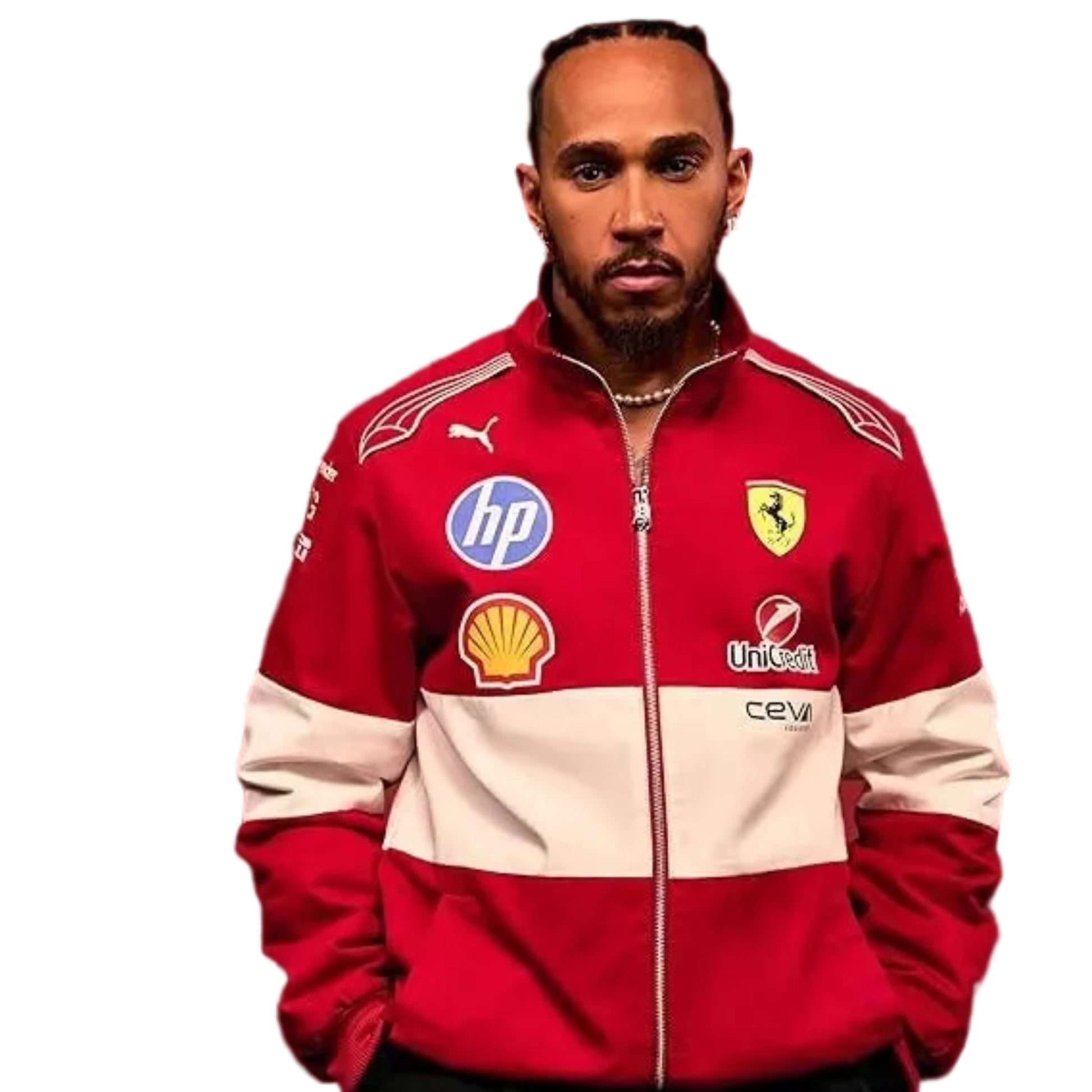 PUMA Scuderia Ferrari F1 Teamjacke 2025 in Rot-Weiß mit Sponsorenlogos – offizielles Ferrari Motorsport-Outfit getragen von Fahrer im Teamlook.