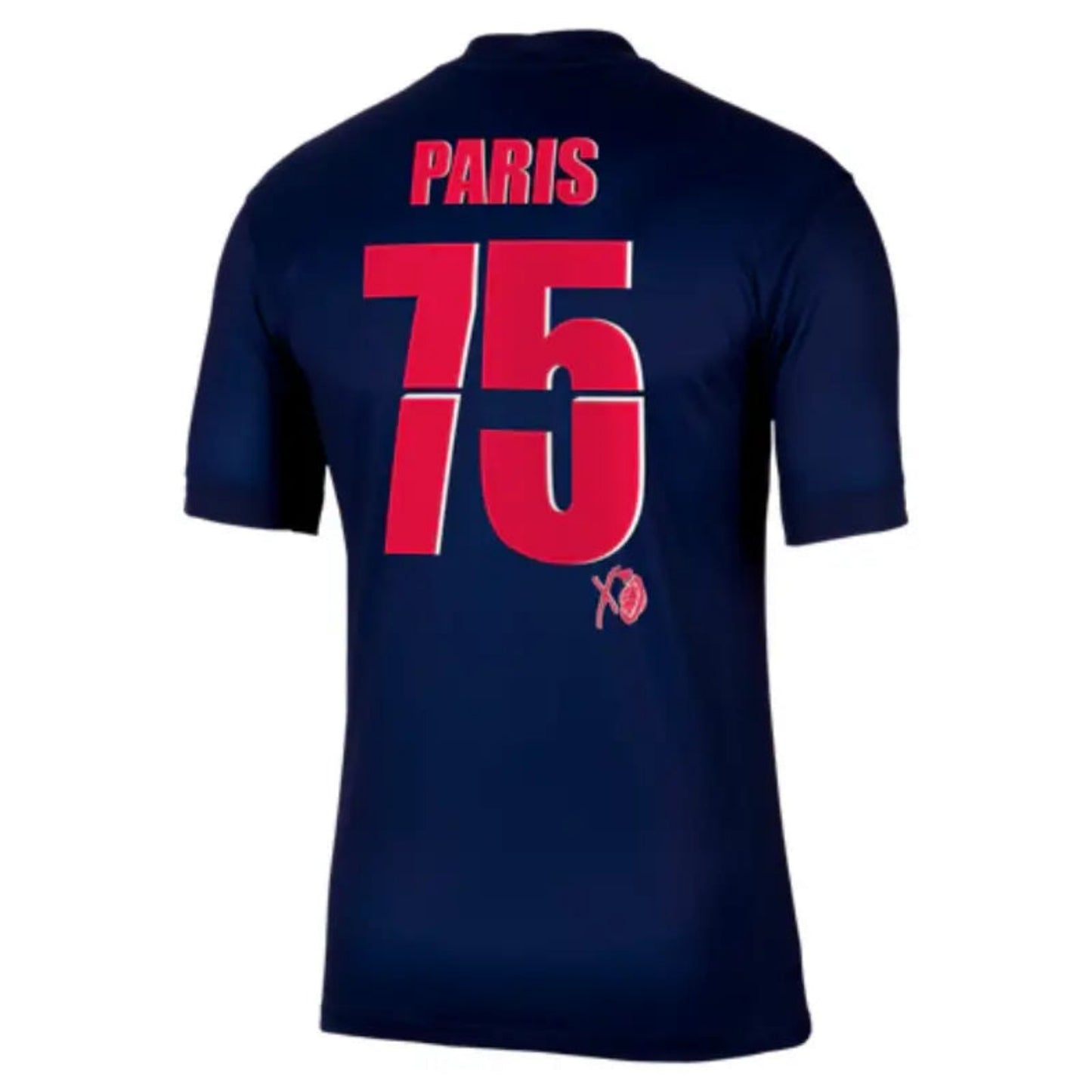 Rückansicht des PSG Heimtrikots 2025/26 – Paris Saint-Germain XO Edition in Dunkelblau mit roter Nummer 75 und Schriftzug „PARIS“. Offizielles Nike Design.