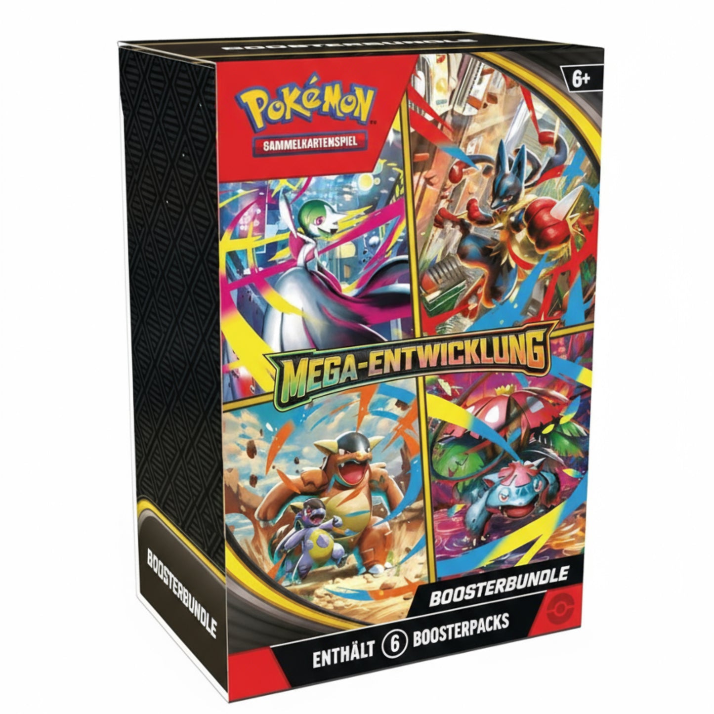 Pokémon Sammelkartenspiel Mega-Entwicklung Boosterbundle – Box mit 6 Boosterpacks und legendären Pokémon wie Lucario, Glurak und Gardevoir. Ideal für Sammler und TCG-Spieler.