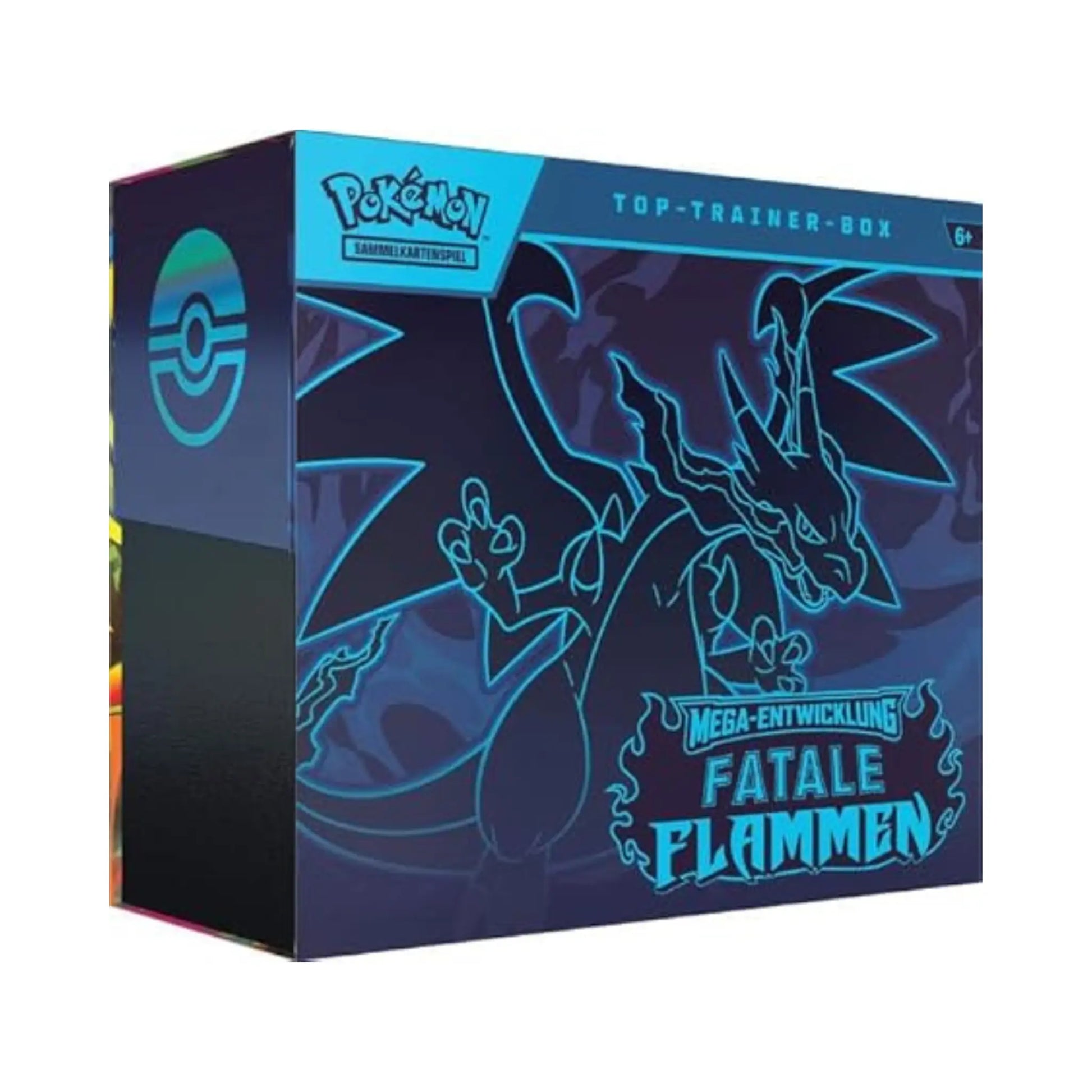 Pokemon Mega Entwicklung Fatale Flammen Top Trainer Box Deutsch mit Mega Glurak Illustration in Neonblau, Vorderansicht auf weißem Hintergrund