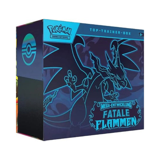 Pokemon Mega Entwicklung Fatale Flammen Top Trainer Box Deutsch mit Mega Glurak Illustration in Neonblau, Vorderansicht auf weißem Hintergrund
