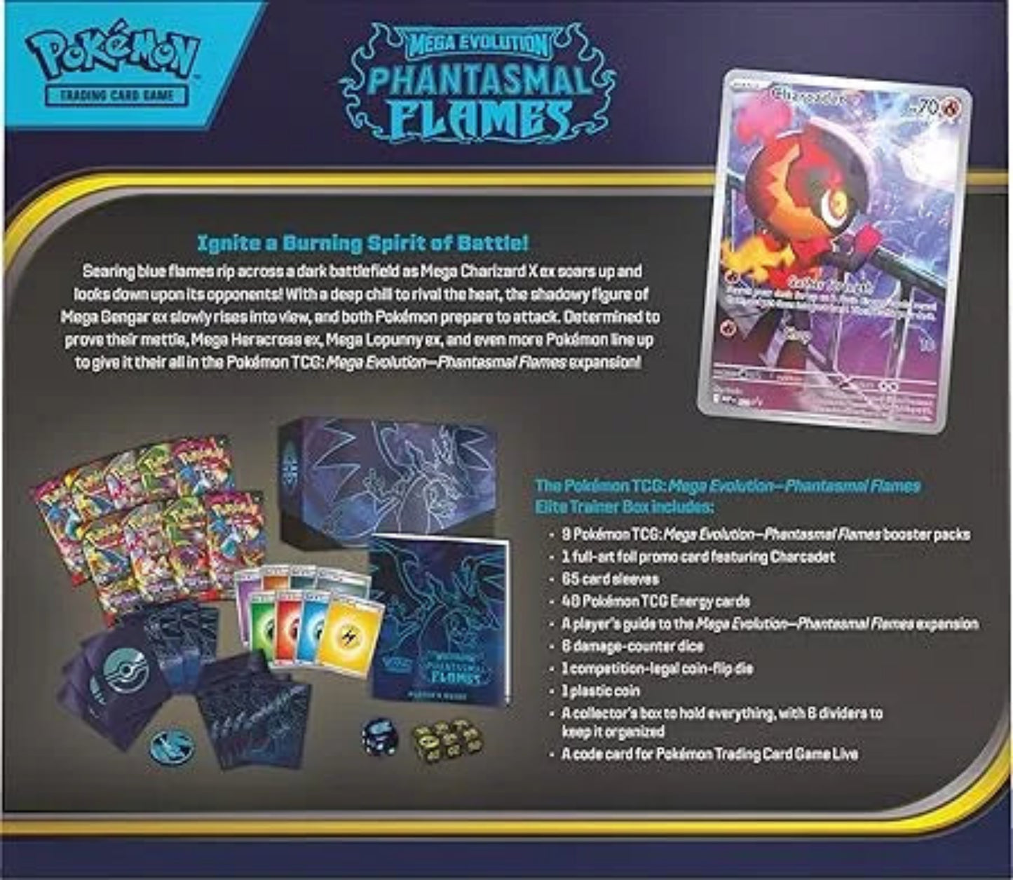 Pokémon Mega Evolution Phantasmal Flames ETB Rückseite mit Boosterpack-Inhalt und Beschreibung
