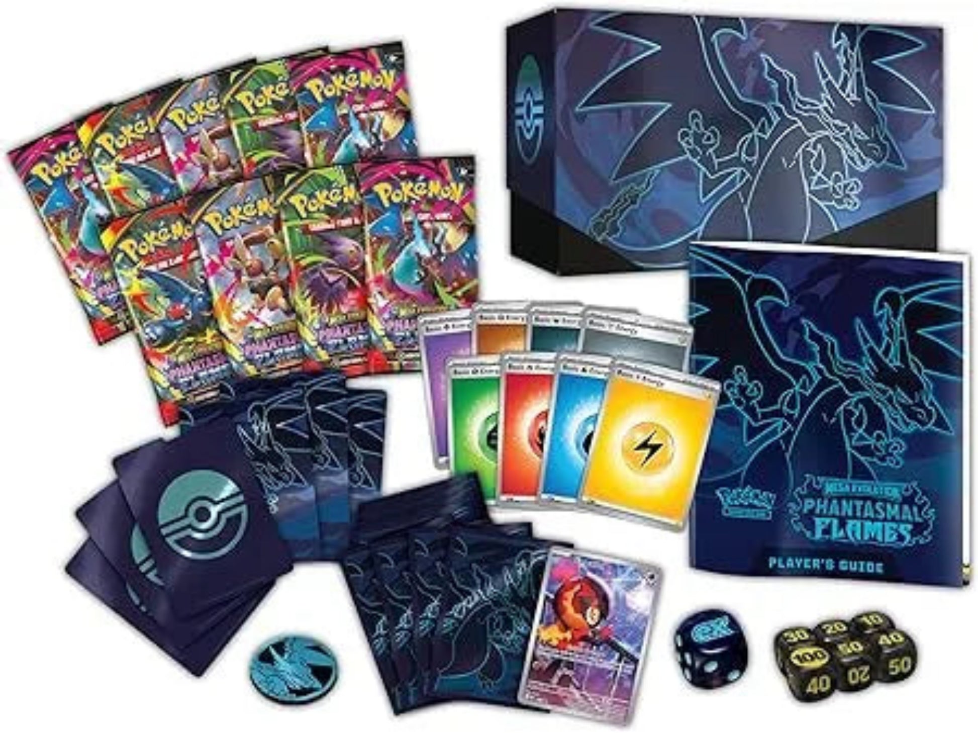 Pokémon Mega Evolution Phantasmal Flames Elite Trainer Box Inhalt mit Boostern, Hüllen und Würfeln