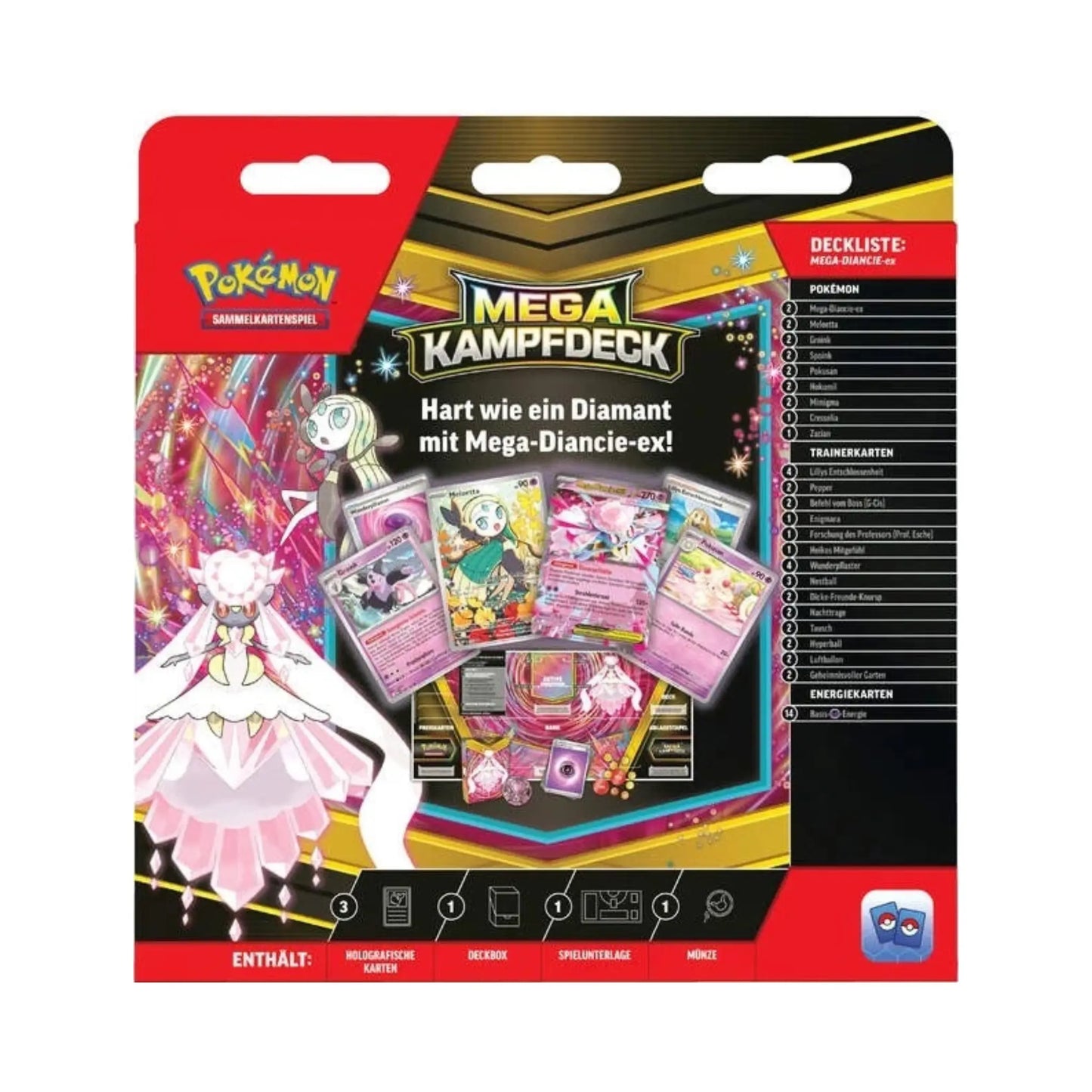 Pokémon Mega Kampfdeck Mega Diancie EX Rückseite mit Karteninhalt und Zubehör