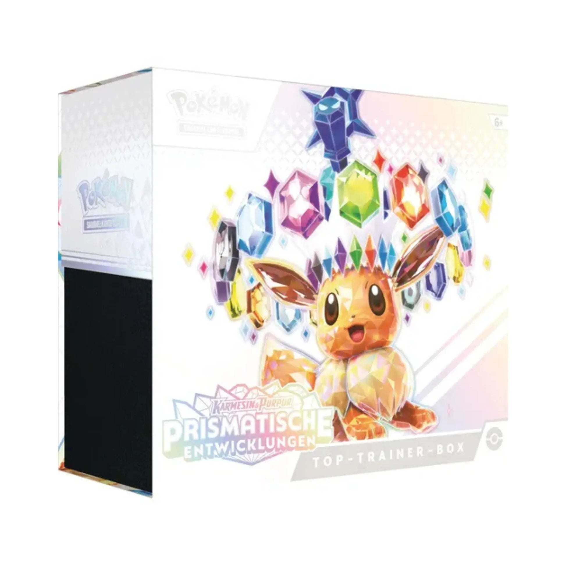 Pokémon Karmesin Purpur Prismatische Entwicklungen Top Trainer Box Deutsch – Evoli Design mit prismaartigen Edelsteinen auf heller Verpackung, Vorderansicht