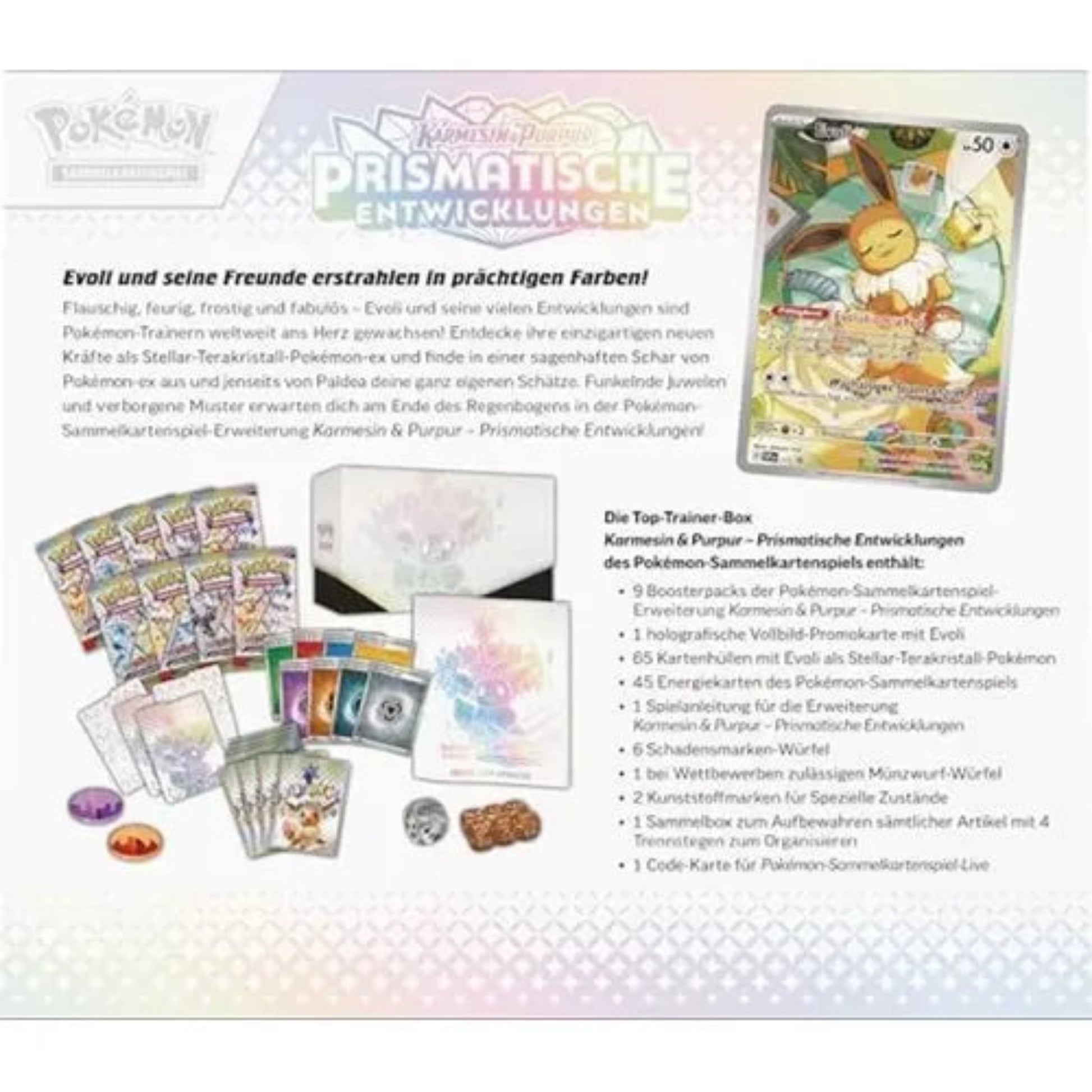 Pokémon Prismatische Entwicklungen Top Trainer Box Deutsch – Rückseite mit Übersicht der enthaltenen Boosterpacks, Evoli Promokarte und Zubehör, Produktbeschreibung
