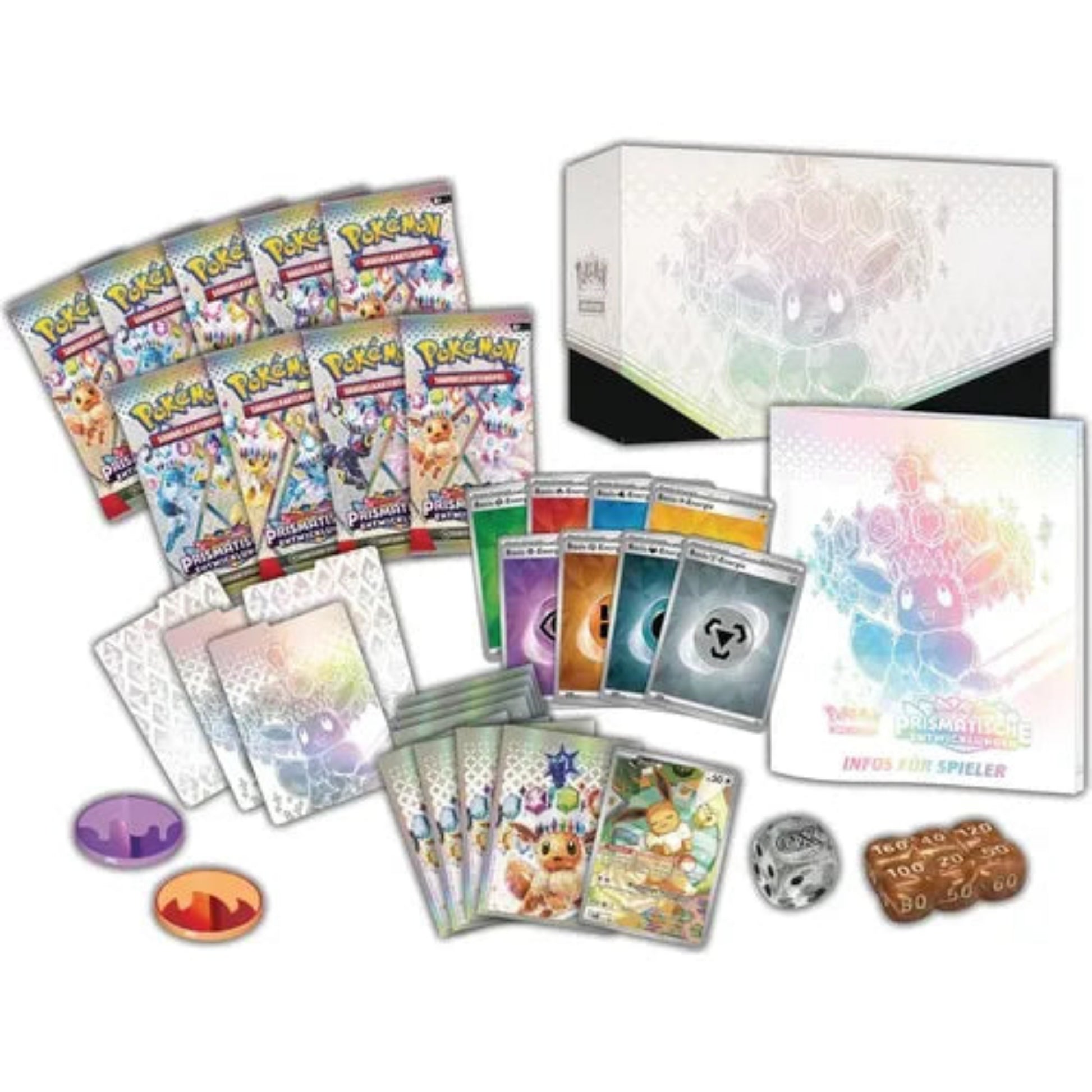 Pokémon Prismatische Entwicklungen Top Trainer Box Deutsch – Inhalt mit Boosterpacks, Evoli Promokarte, Kartenhüllen, Energiekarten, Markern, Würfeln und Sammelbox, aufgefächert dargestellt
