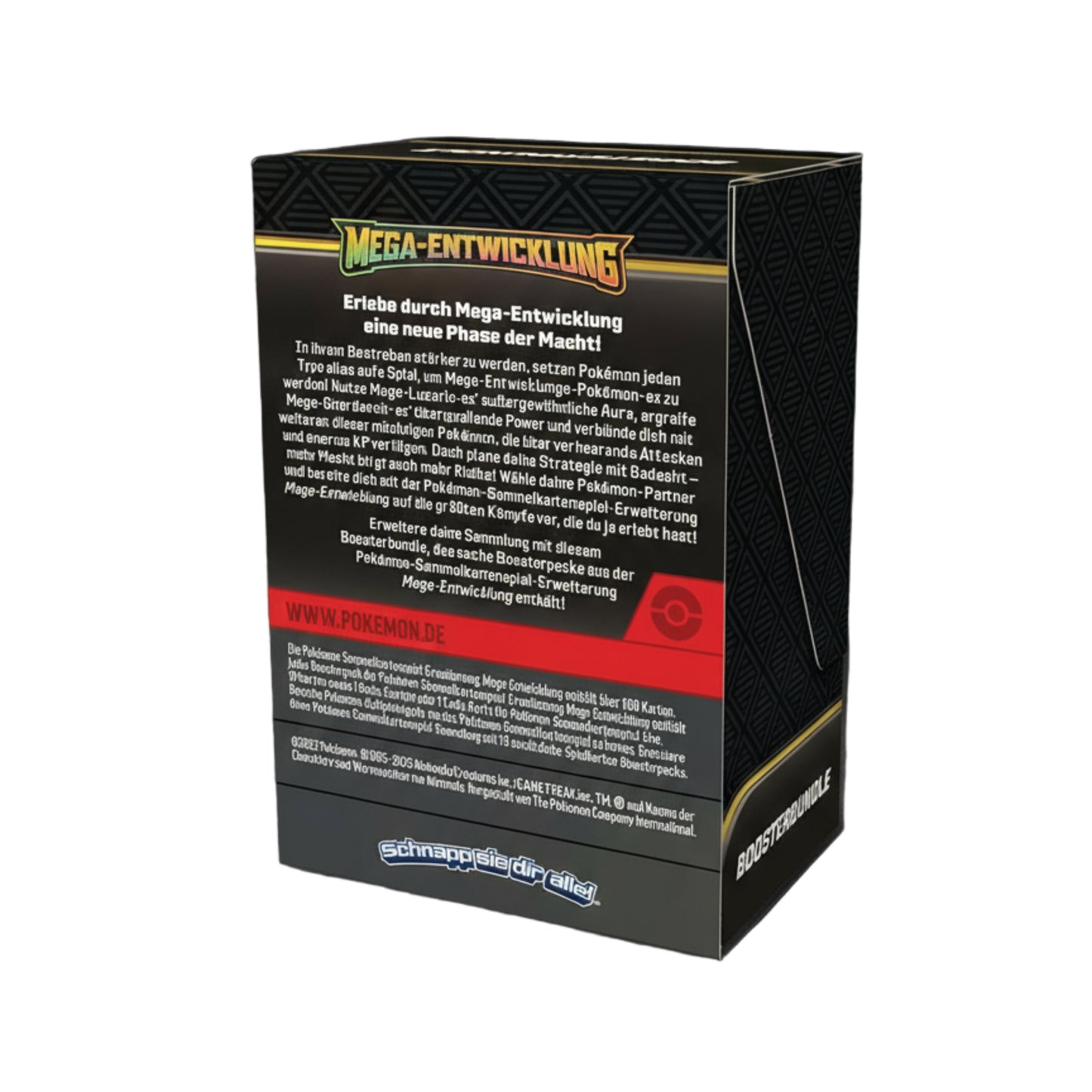 Rückseite der Pokémon Mega-Entwicklung Boosterbundle Box mit Beschreibung der Sammelkartenspiel-Erweiterung und offiziellen Pokémon-Logos. Ideal für Sammler und TCG-Spieler.