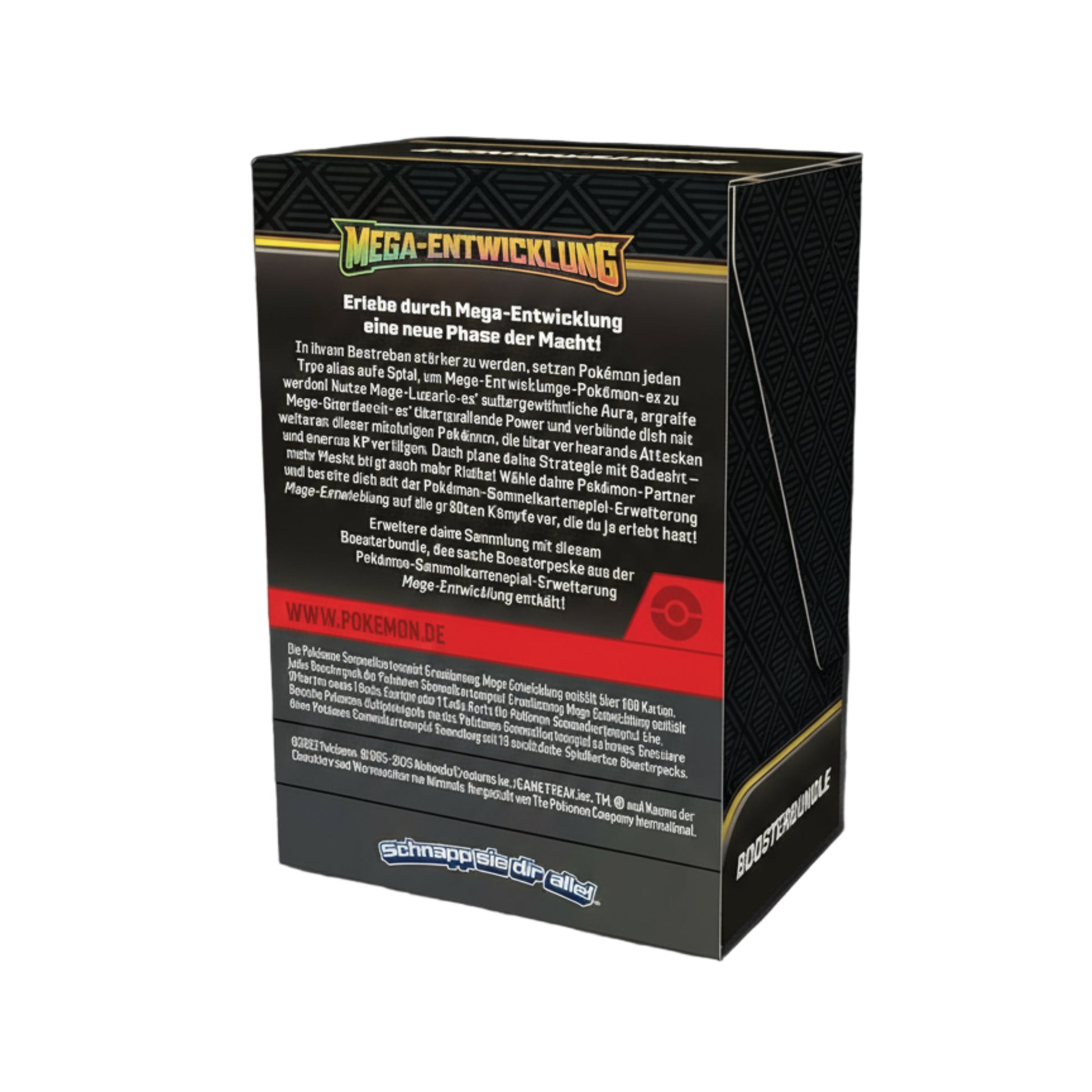Rückseite der Pokémon Mega-Entwicklung Boosterbundle Box mit Beschreibung der Sammelkartenspiel-Erweiterung und offiziellen Pokémon-Logos. Ideal für Sammler und TCG-Spieler.