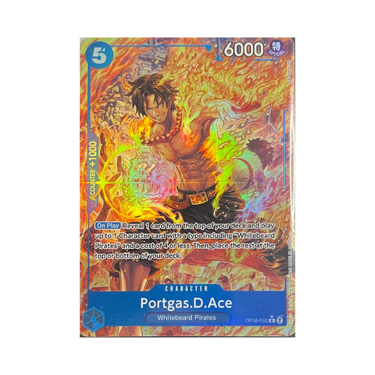 One Piece TCG Portgas D. Ace OP08-052 V.2 – holografische Charakterkarte mit Ace in Flammen, Vorderseite