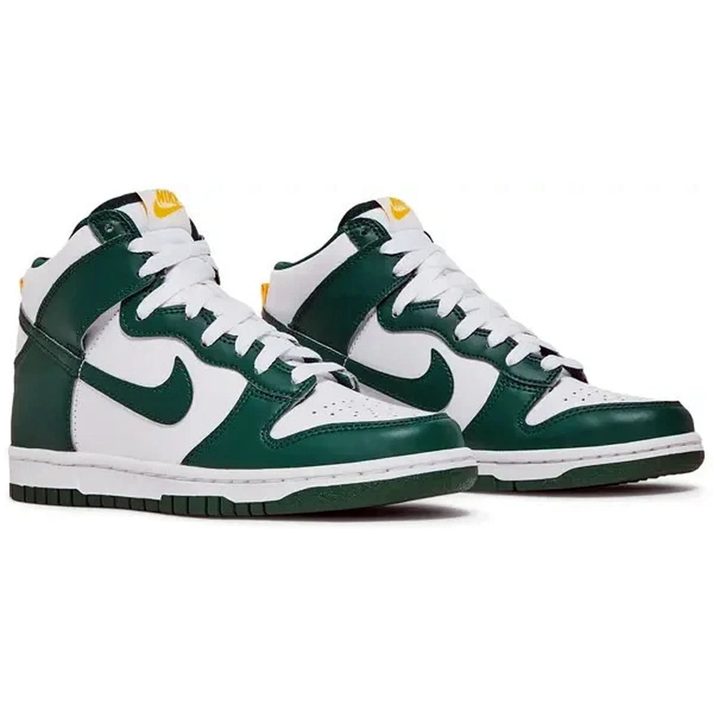 Nike Dunk High GS Australia – Retro-Basketball-Sneaker in Grün und Weiß mit gelbem Zungenetikett, präsentiert im Paar – Vorderansicht