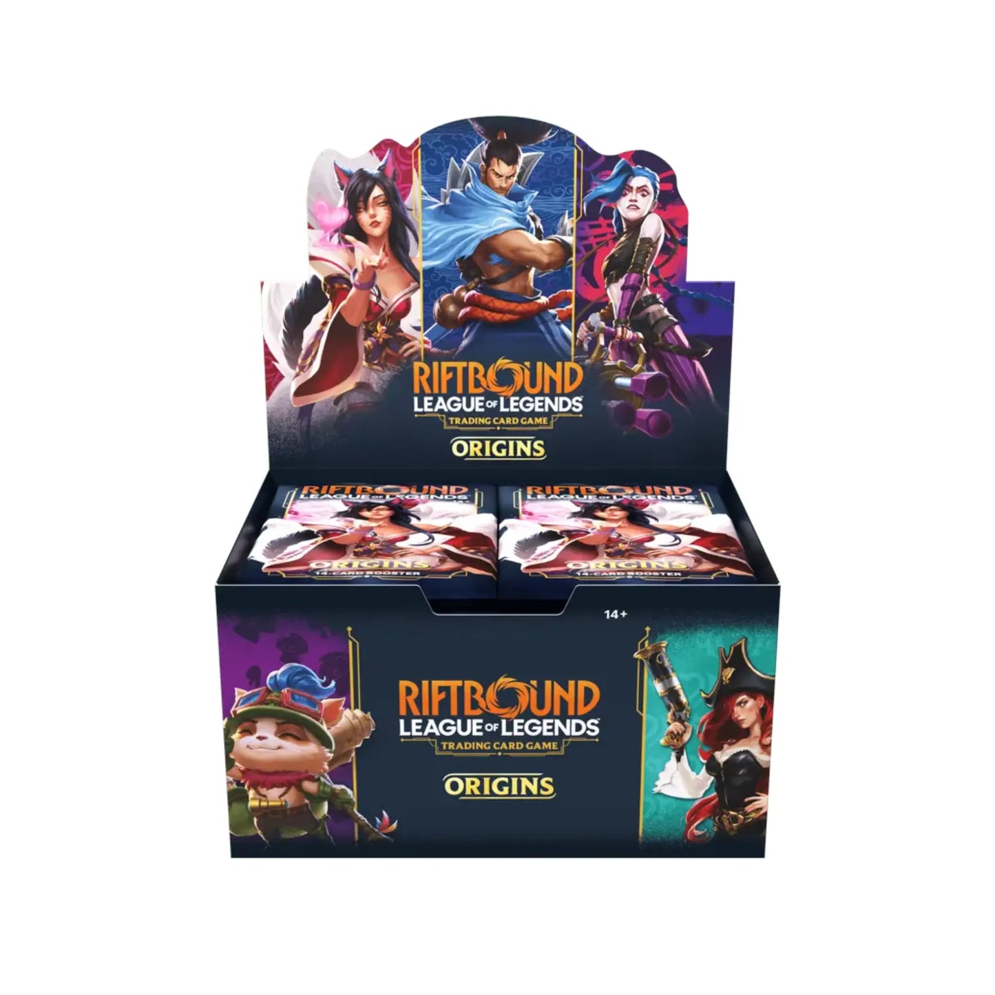 Riftbound League of Legends TCG Origins Display Boosterbox – Vorderansicht mit Ahri, Yasuo und Jinx
