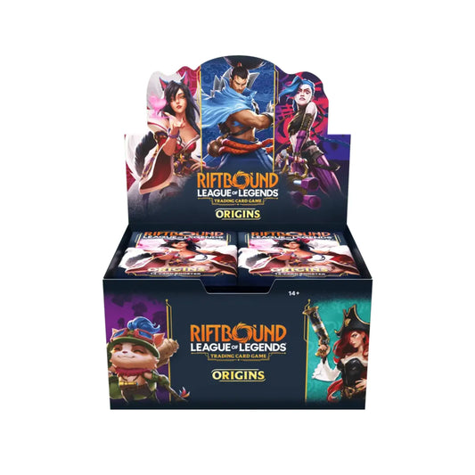 Riftbound League of Legends TCG Origins Display Boosterbox – Vorderansicht mit Ahri, Yasuo und Jinx