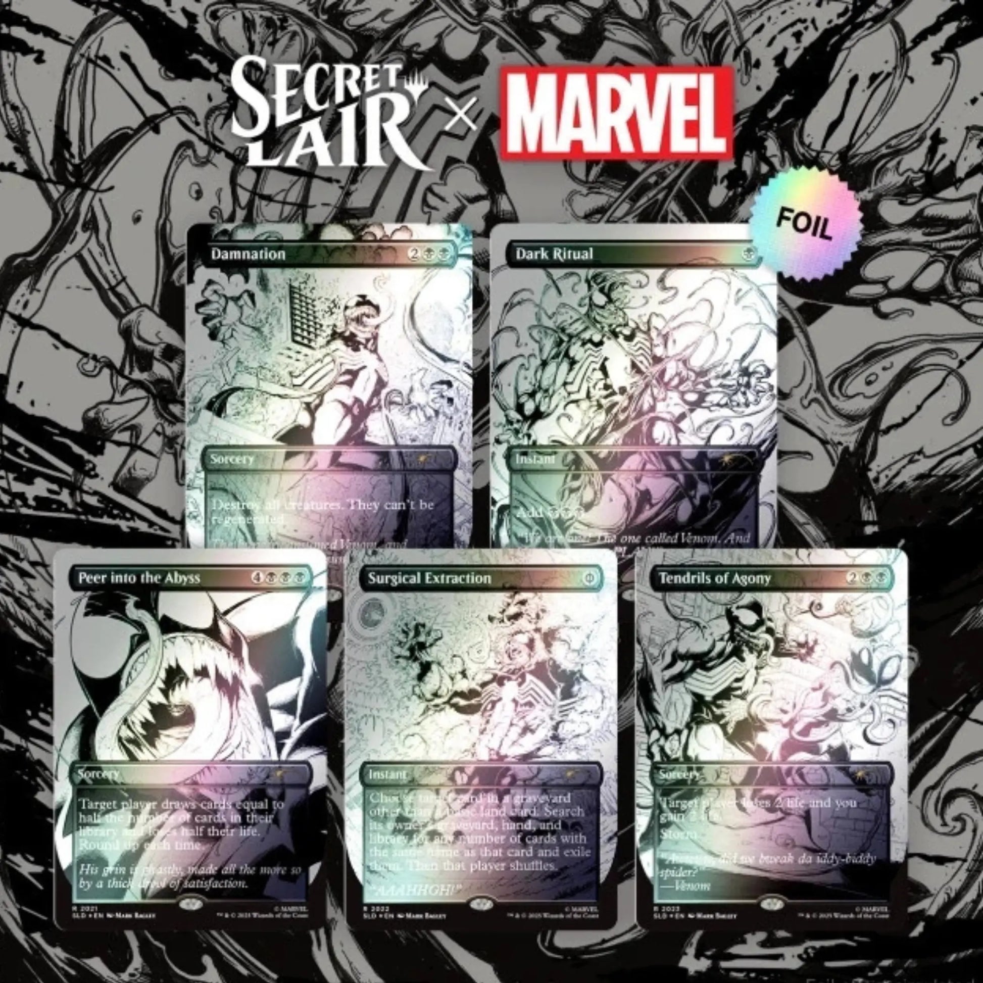 Secret Lair x Marvel Venom Unleashed Inks Foil Edition – schwarzweiße Venom-MTG-Karten im Foil-Design, Setabbildung