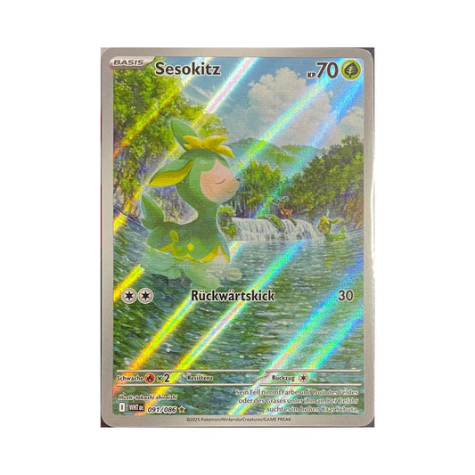 Pokemon Sesokitz 091/086 WHT DE – deutsche holografische Sammelkarte mit Sesokitz vor Wasserfall, Vorderseite