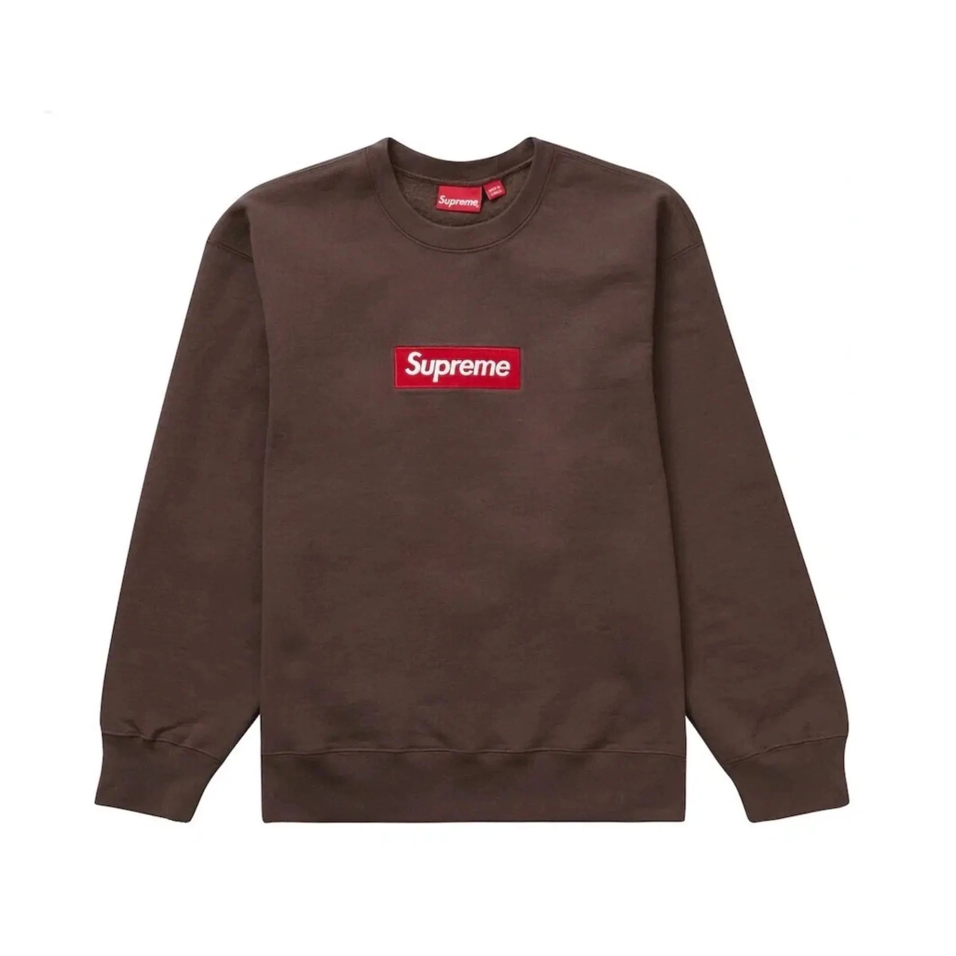 Supreme Box Logo Crewneck FW22 Brown – braunes Sweatshirt mit rotem Supreme Logo auf der Brust, Vorderansicht