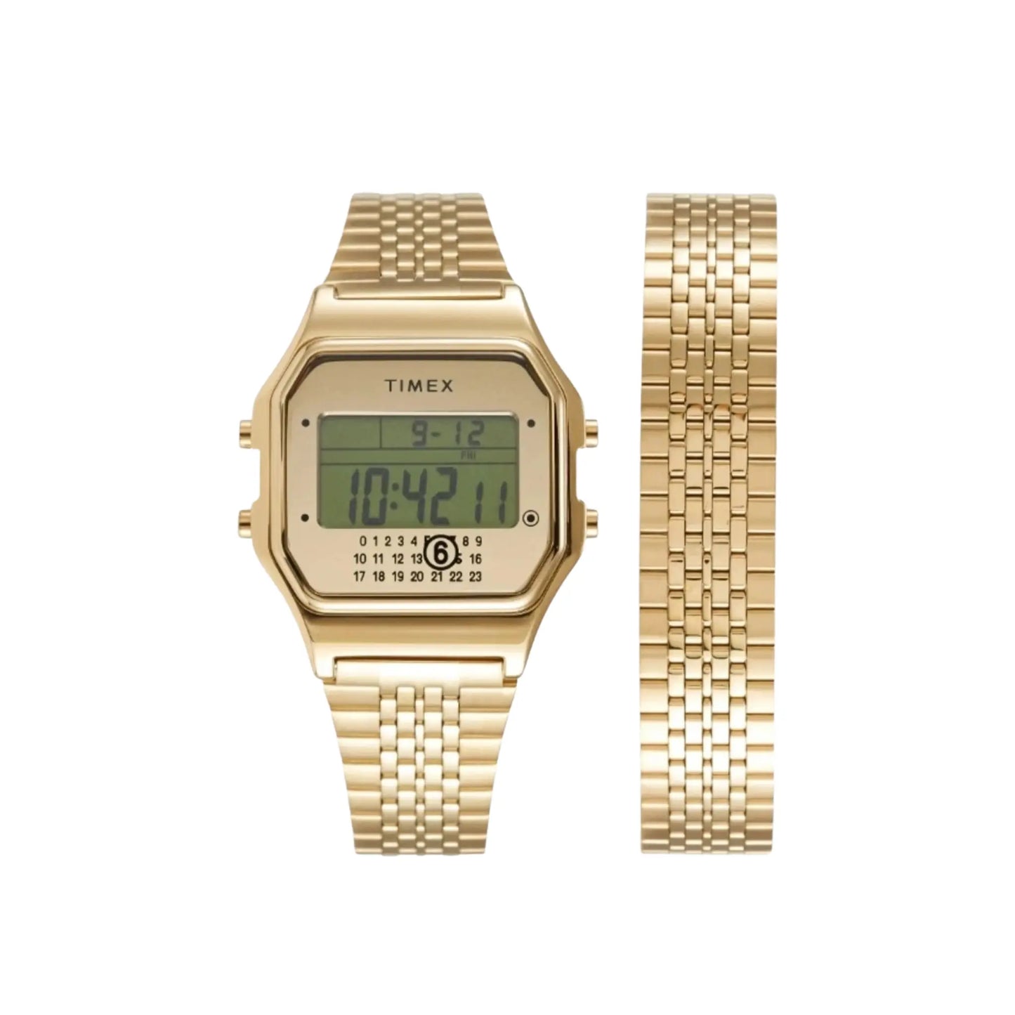 timex mm6 t80 digitaluhr gold 34mm unisex frontansicht mit extra armband