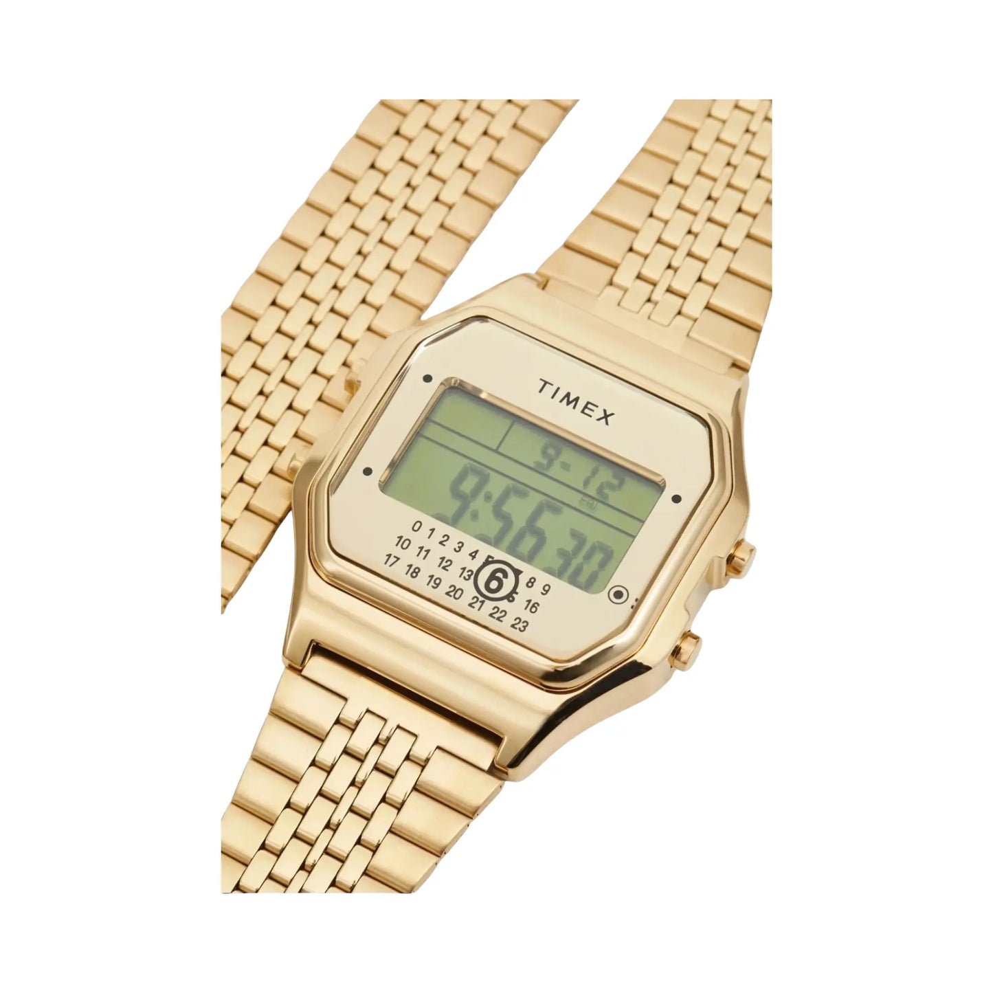 timex mm6 t80 digitaluhr gold 34mm unisex frontansicht mit extra armband
