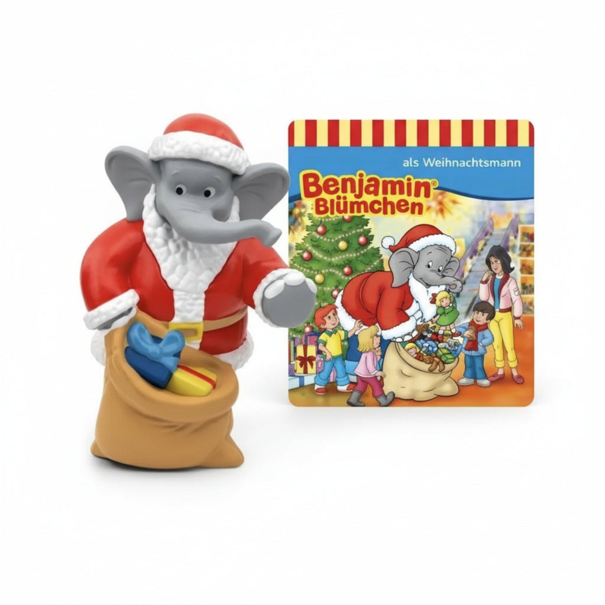 Tonies Benjamin Blümchen als Weihnachtsmann Hörfigur mit Geschenksack und passender Weihnachtscoverkarte, Vorderansicht auf weißem Hintergrund