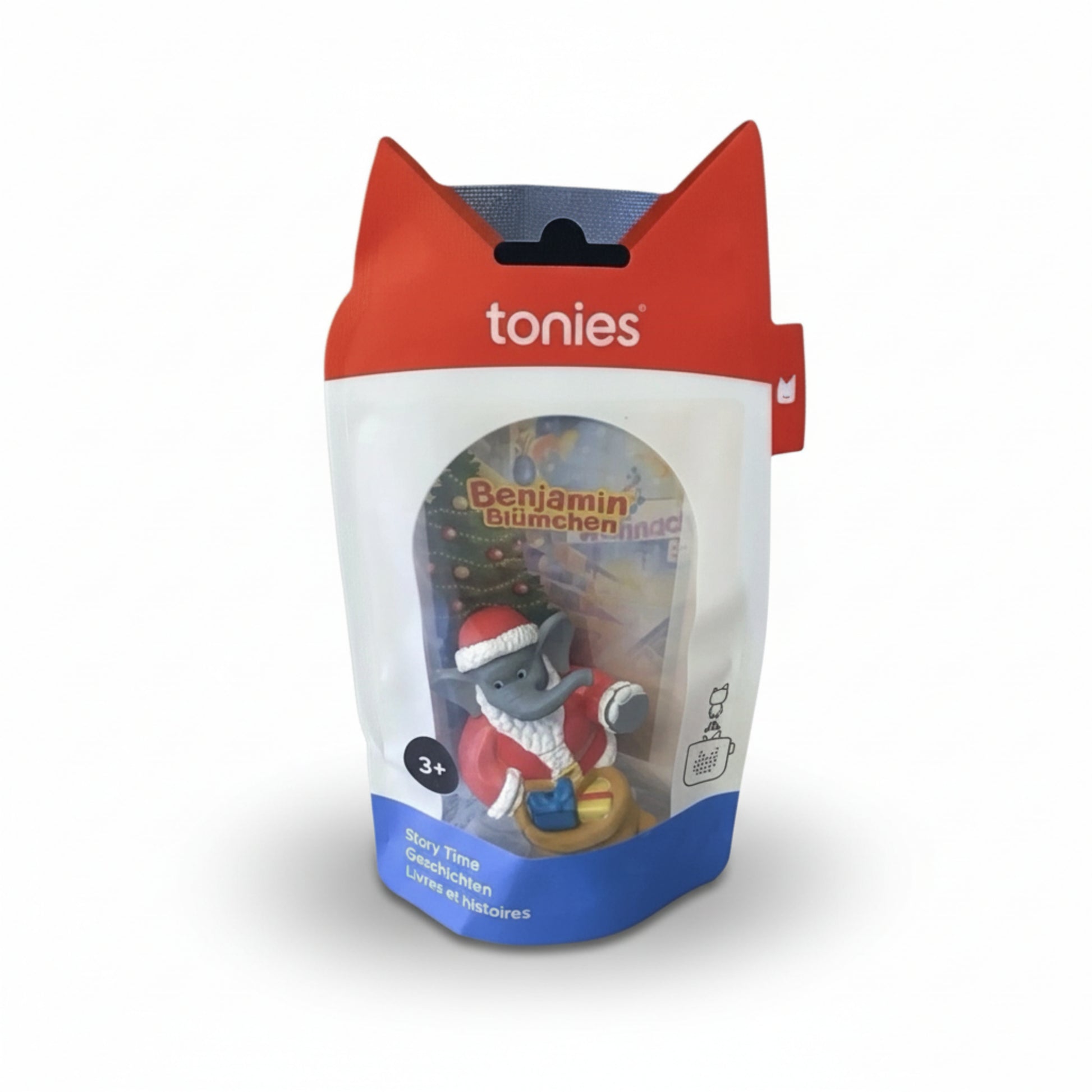 Tonies Benjamin Blümchen als Weihnachtsmann Hörfigur in originaler Tonies Verpackung mit Sichtfenster, Vorderansicht auf weißem Hintergrund