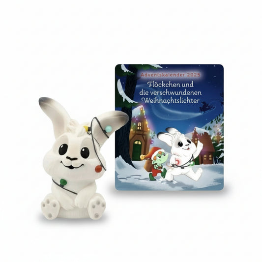Tonies Flöckchen und die verschwundenen Weihnachtslichter Hörfigur als weißer Hase mit Lichterkette vor winterlicher Adventskalender Karte, Vorderansicht auf weißem Hintergrund