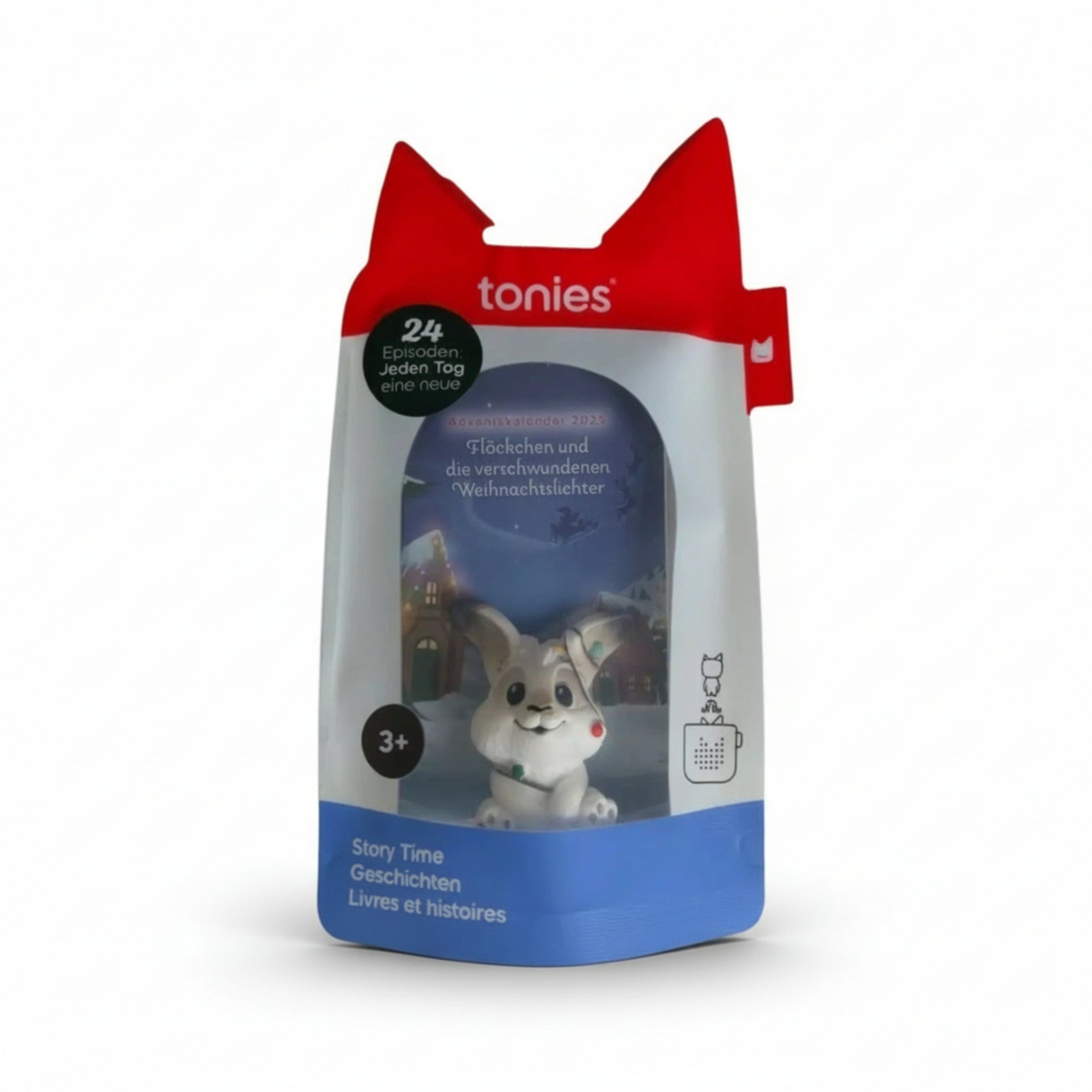 Tonies Flöckchen und die verschwundenen Weihnachtslichter Adventskalender 2025 in originaler Tonies Verpackung mit Sichtfenster und 24 Episoden Hinweis, Vorderansicht auf weißem Hintergrund