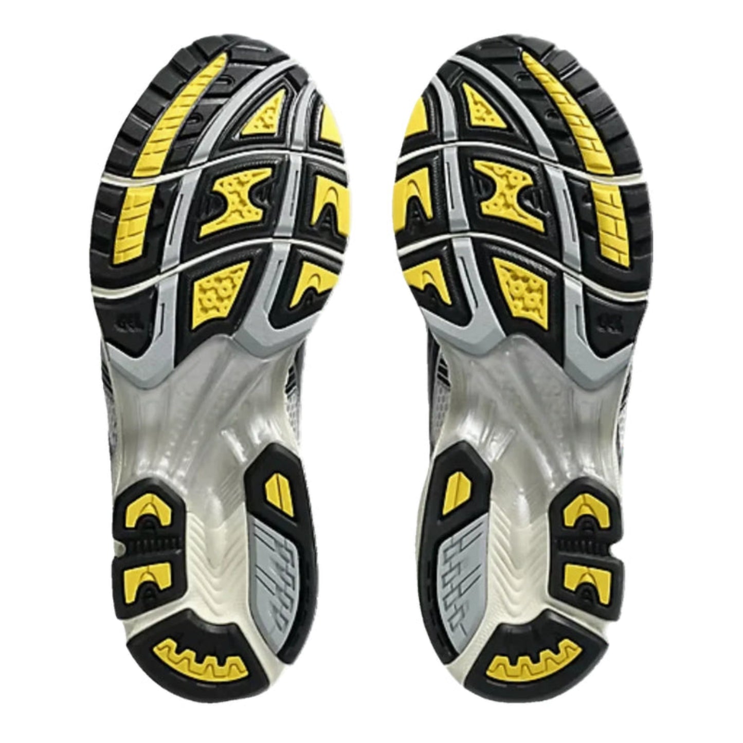 ASICS Gel-Kayano 14 JJJJound White Navy – Ansicht der Laufsohle in Schwarz, Gelb und Grau mit stabiler GEL-Technologie und dynamischem Grip-Muster, High-Performance Sneakerprofil.