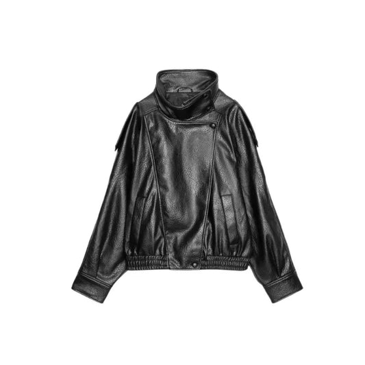 ZARA Damenjacke in schwarzer Lederoptik – glänzendes Finish mit elastischem Bund und modernen Falten für einen eleganten, urbanen Look.