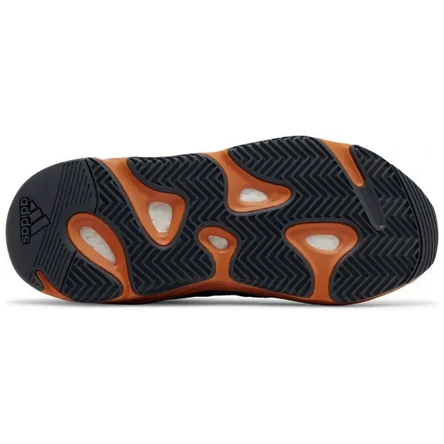 Adidas Yeezy Boost 700 Bright Blue, Unteransicht der Außensohle mit orangefarbenen Elementen, schwarzem Profil und sichtbarer Boost-Dämpfung auf weißem Hintergrund.